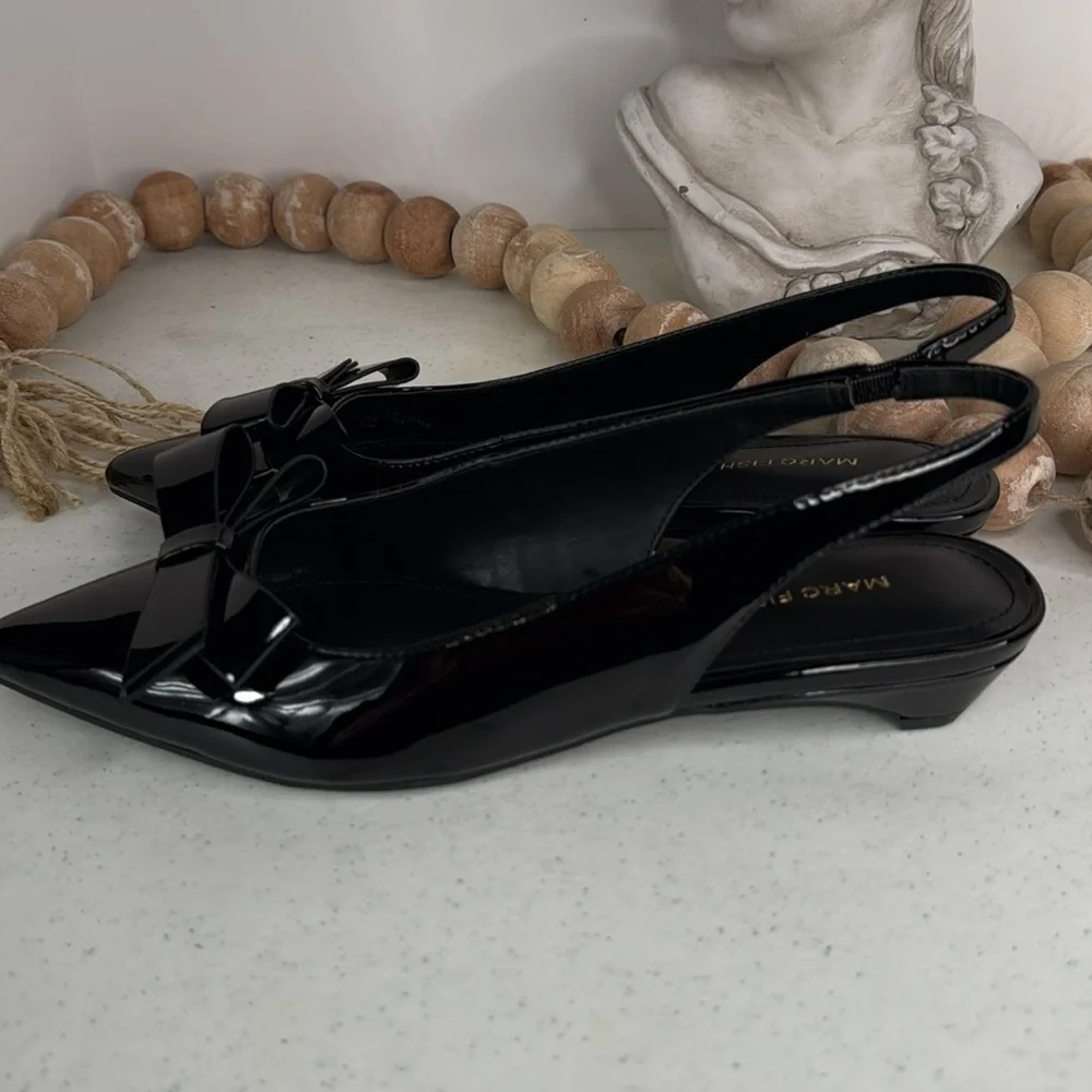 Marc Fisher Black Patent Pointed Toe Slingback Flats with Bow - Picture 6 of 13